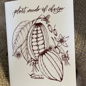 Image of House of Roushey designed cards - cacao pods and flowers with text "Plant Seeds of Change"