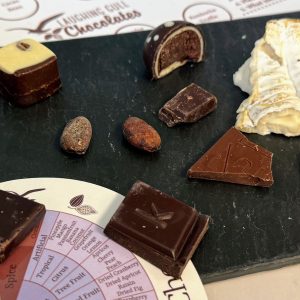chocolate and cheese on a slate board